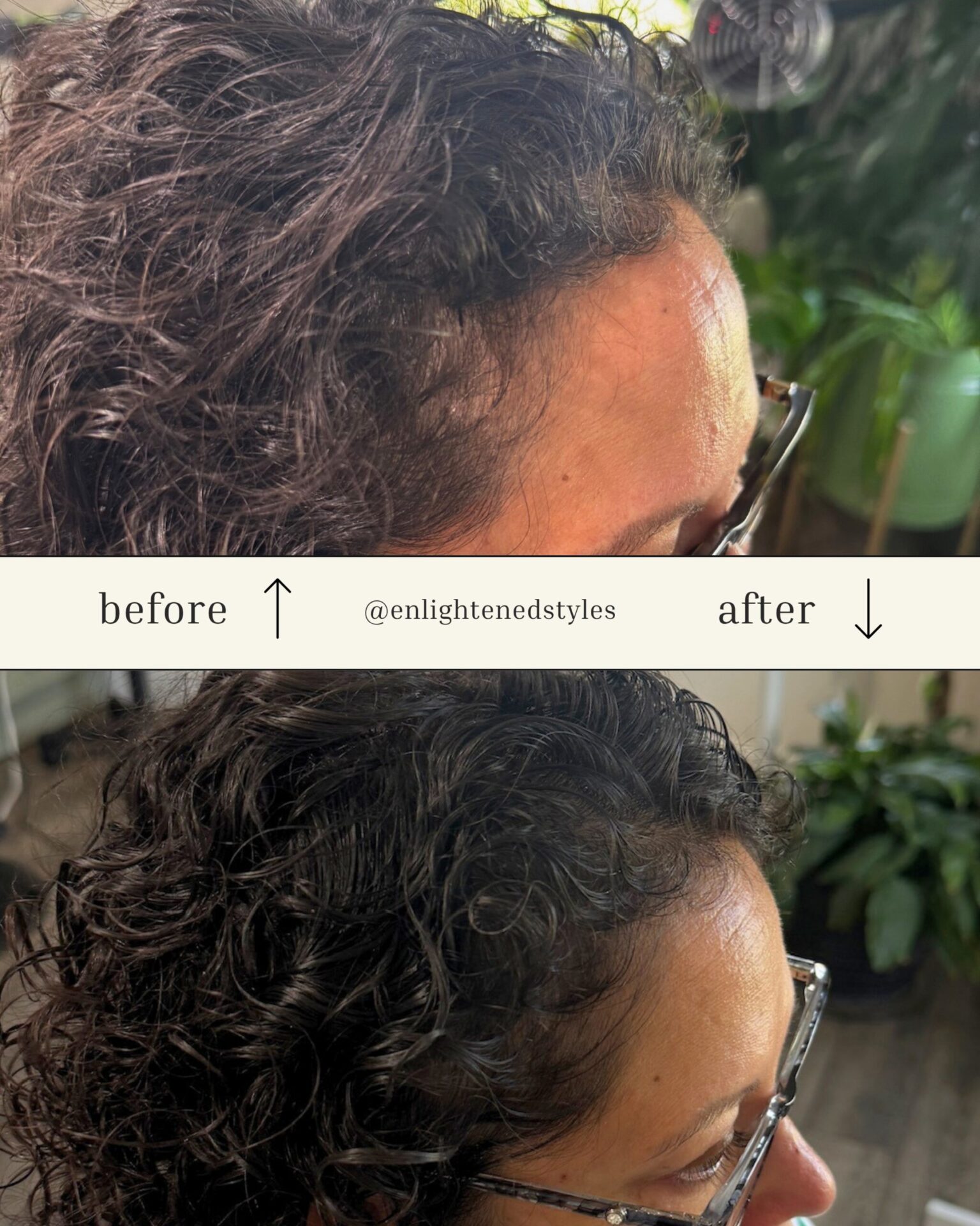 Before and after holistic hair loss treatment at Enlightened Styles, fuller, healthier curls