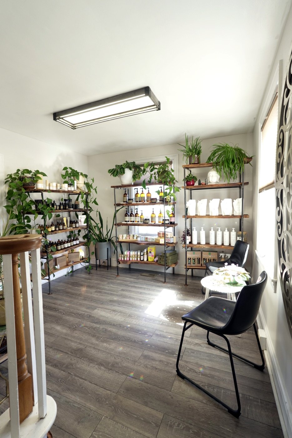 The eco-friendly refillery space with clean beauty products and plants at Enlightened Styles in Warrenton, VA